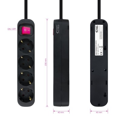 Nanocable Regleta de enchufes de 4 tomas con interruptor, 1.4 metros Negra