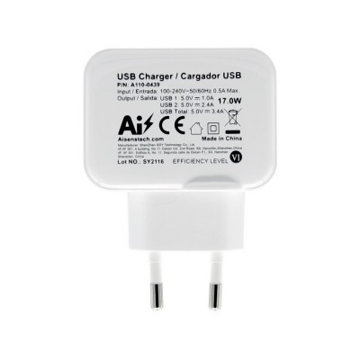 AISENS Cargador USB 17W 5V3.4A, 2xUSB Con Control AI, Blanco