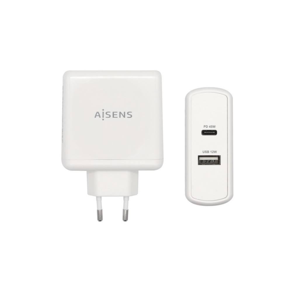 AISENS Cargador 57 W, 1x USB-C PD3.0 45 W, 1x USB-A 5 V  2.4 A 12 W, Blanco