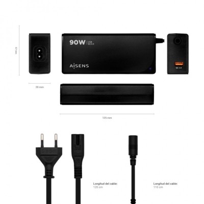 AISENS ASLC-90WAUTO-BK adaptador e inversor de corriente Interior 90 W Negro