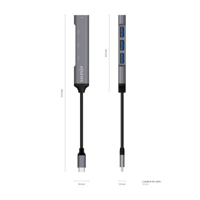 AISENS Hub USB 3.1 USB-C, Tipo CM - 4x Tipo AH, Gris, 10 cm