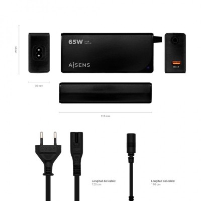 AISENS Cargador 65 W Automatico Universal Multitension Para Portatil Con 9 Conectores + USB-A QC.3.0