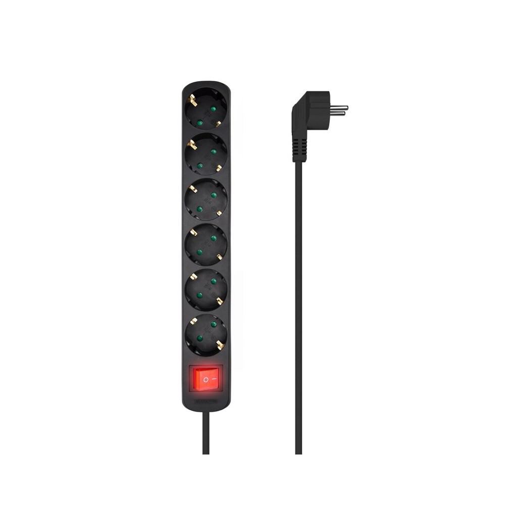 AISENS Base Multiple 6 Tomas Con Interruptor Con Cable 3x1.5mm2, Negro, 1.4m