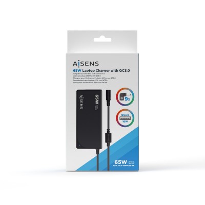 AISENS Cargador 65 W Automatico Universal Multitension Para Portatil Con 9 Conectores + USB-A QC.3.0