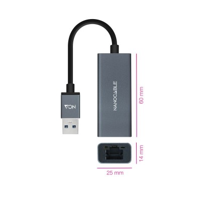 Nanocable Conversor USB 3.0 a Ethernet Gigabit 101001000 Mbps, Aluminio, Gris, 15 cm