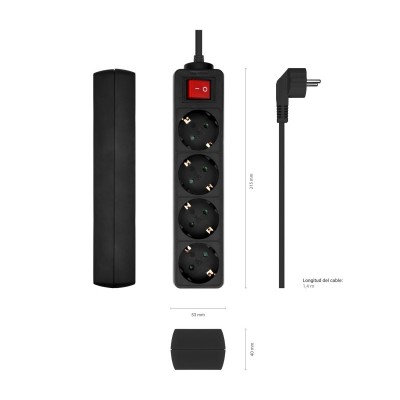 AISENS Base Multiple 4 Tomas con Interruptor con Cable 3×1.5mm2, Negro, 1.4 m