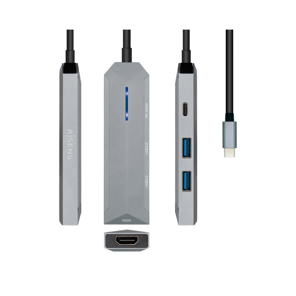 AISENS USB-C dock 4 en 1, USB-C a 1xHDMI, 2xUSB, 1xPD, Gris, 15 cm