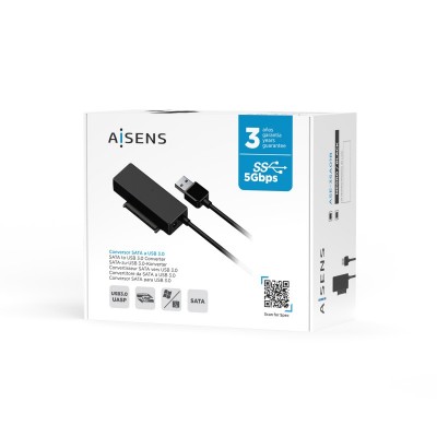 AISENS Adaptador ASE-35A01B SATA a USB-A USB 3.0USB3.1 GEN1 para Discos Duros 2.5″ y 3.5″ con Alimentador, Negro
