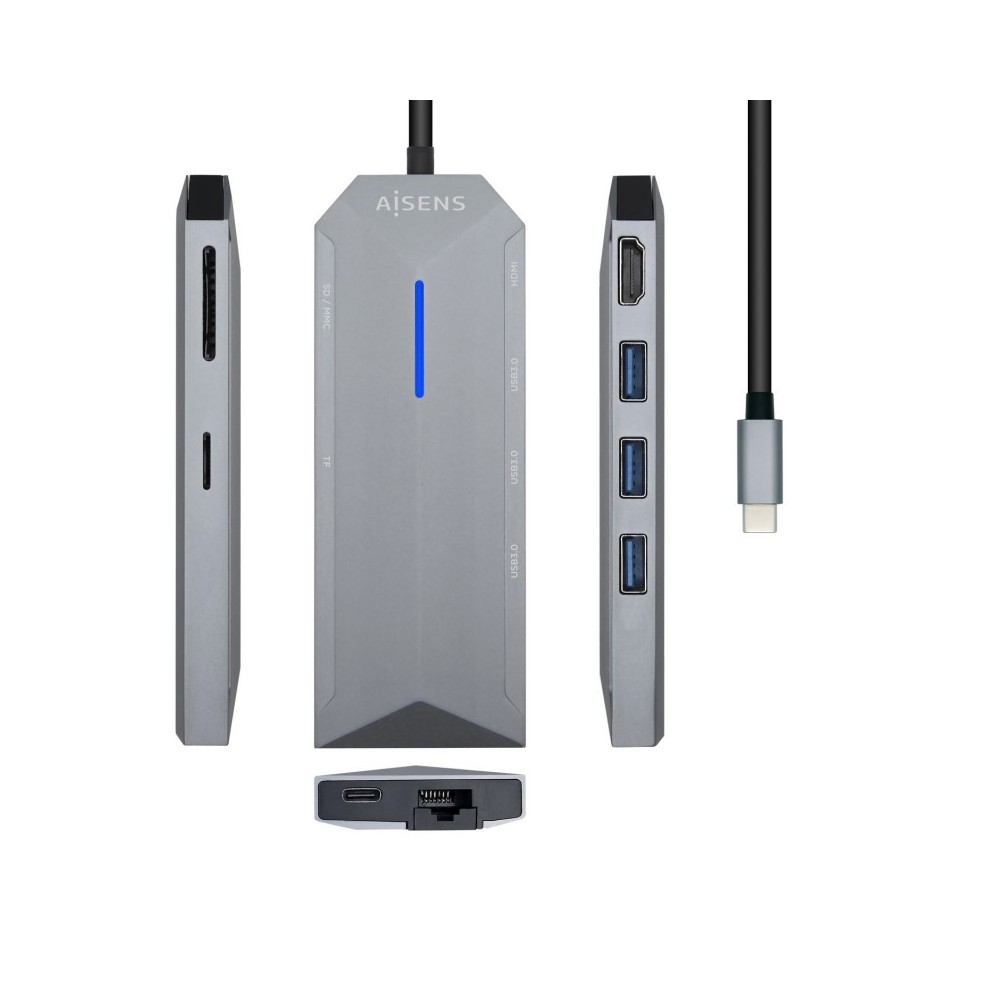 AISENS USB-C dock 8 en 1, USB-C a 1xHDMI, 1xRJ45, 3xUSB, 1xPD, 1xSD, 1xMicroSD, Gris, 15 cm