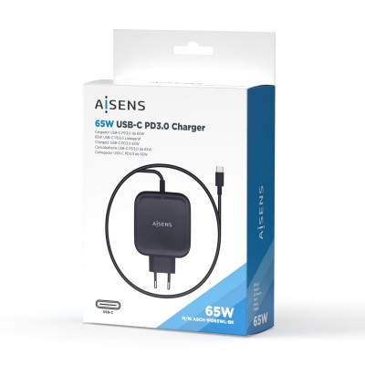 AISENS Cargador 65W PD3.0 QC3.0 1XUSB-C 1.2M, Negro