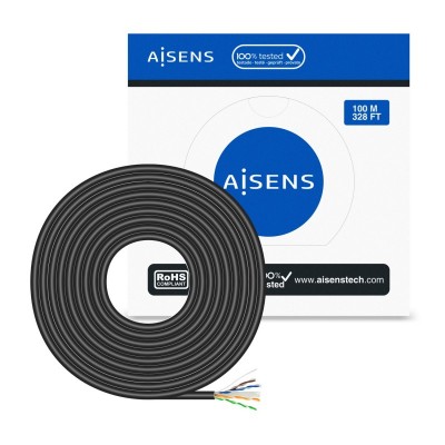AISENS Cable de Red Exterior Impermeable RJ45 Cat.6 UTP Rígido CCA AWG23, Negro, 100M