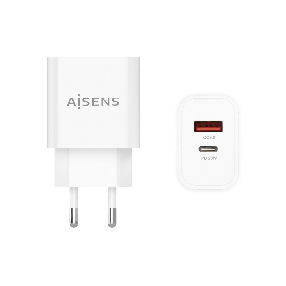 AISENS Cargador 20W, 1xUSB-C PD3.0, 1xUSB-A QC3.0, Blanco