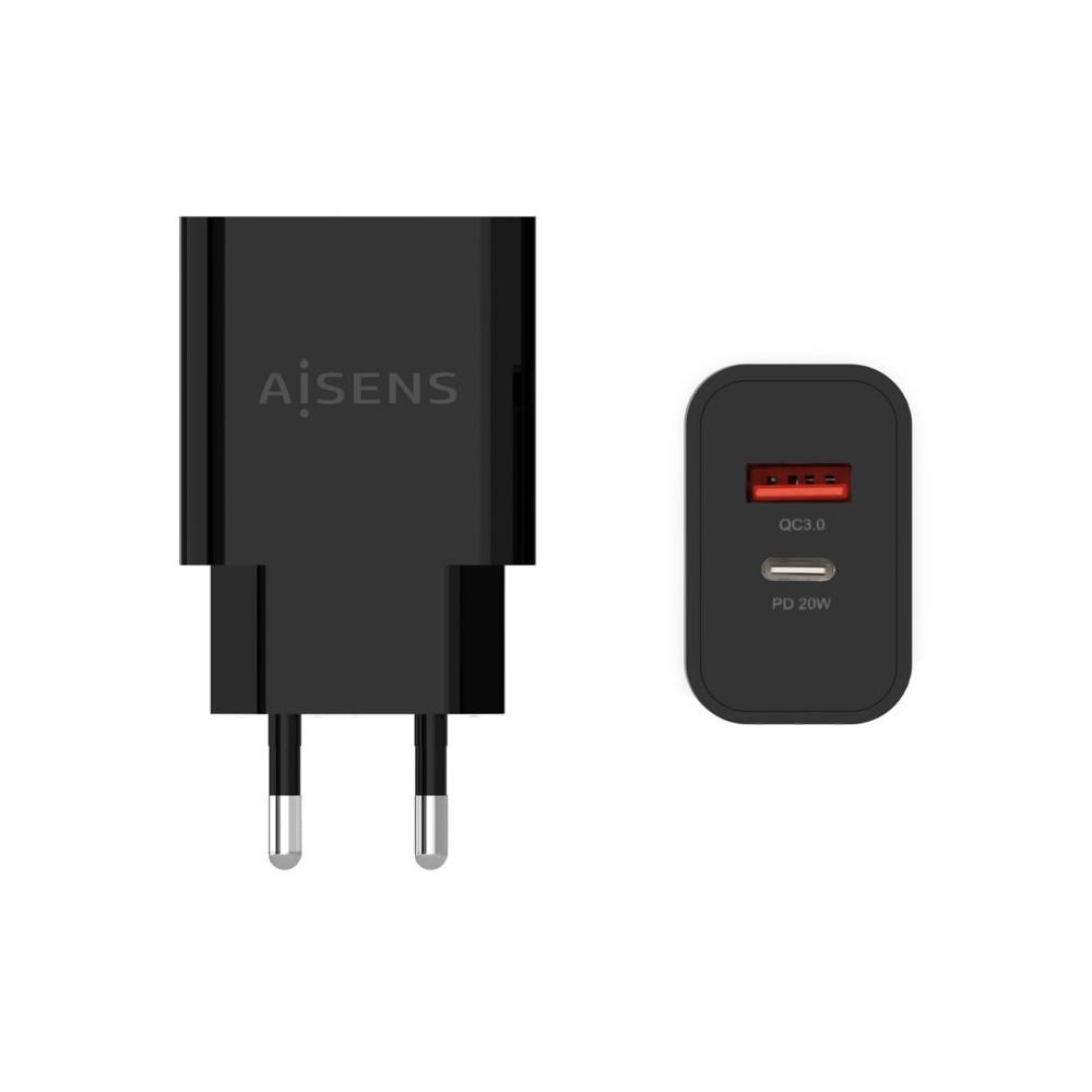 AISENS Cargador 20W, 1xUSB-C PD3.0, 1xUSB-A QC3.0, Negro
