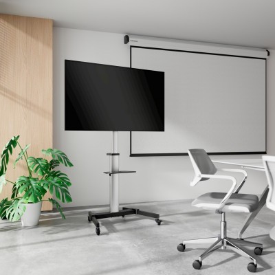 AISENS Floor Stand with Wheel, DVD Tray for MonitorTV 50Kg from 37-86, Black-Silver