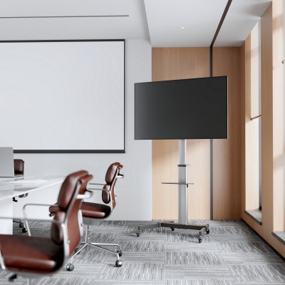 AISENS Floor Stand with Wheel, DVD Tray for MonitorTV 50Kg from 37-86, Black-Silver