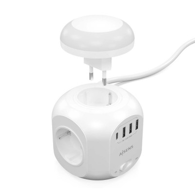 AISENS Regleta de Enchufes Sobremesa Multifuncion con 4 Tomas + 1XUSB-C, 3XUSB-A, Luz Nocturna, 1.8M, Blanco