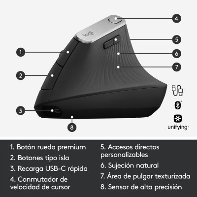 Logitech MX Vertical ratón mano derecha RF Wireless + Bluetooth Óptico 4000 DPI