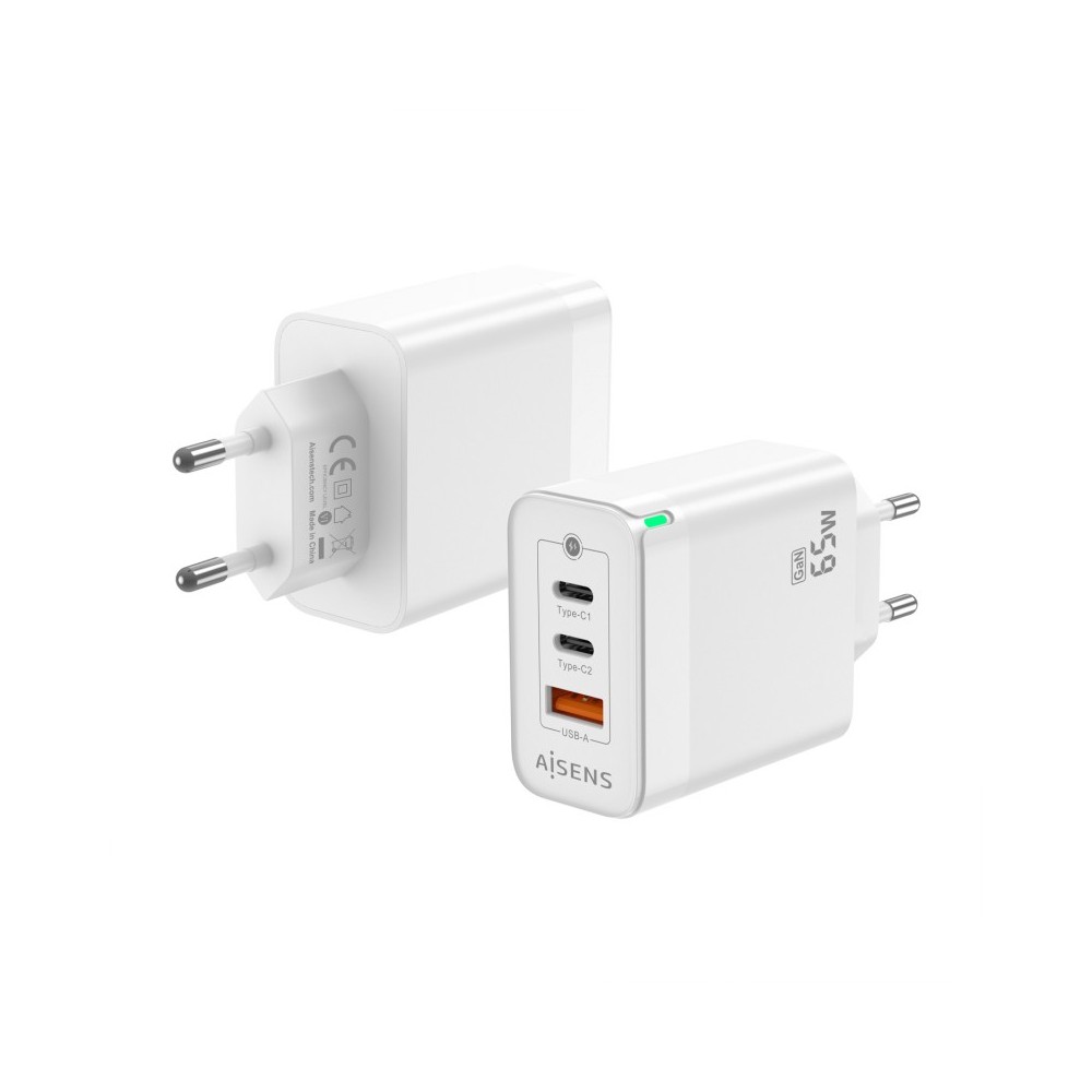 AISENS Cargador Gan 65W, 2xUSB-C PD3.0 QC4.0, 1xUSB-A QC3.0, Blanco