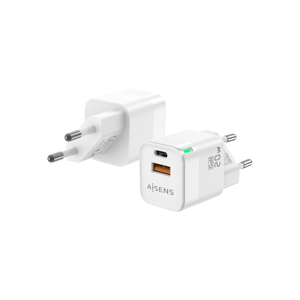 AISENS Cargador Gan 20W, 1xUSB-C PD3.0 QC4.0, 1xUSB-A QC3.0, Blanco
