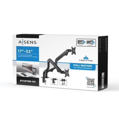 AISENS Soporte de Mesa ECO Contrapeso Giratorio e Inclinable para MonitorTV 8Kg (3 Pivotes, 2 Brazos) de 17-32, Negro