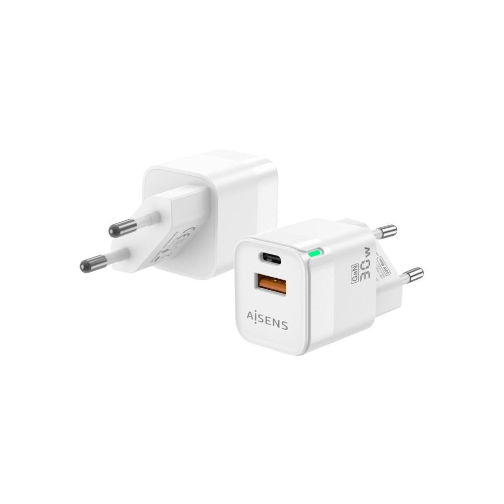 AISENS Cargador Gan 30W, 1xUSB-C PD3.0 QC4.0, 1xUSB-A QC3.0, Blanco