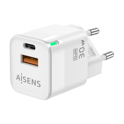 AISENS Cargador Gan 30W, 1xUSB-C PD3.0 QC4.0, 1xUSB-A QC3.0, Blanco