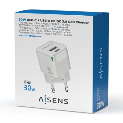 AISENS Cargador Gan 30W, 1xUSB-C PD3.0 QC4.0, 1xUSB-A QC3.0, Blanco