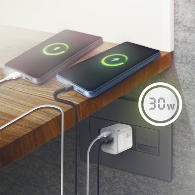 AISENS Cargador Gan 30W, 1xUSB-C PD3.0 QC4.0, 1xUSB-A QC3.0, Blanco