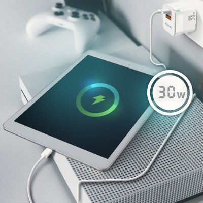 AISENS Cargador Gan 30W, 1xUSB-C PD3.0 QC4.0, 1xUSB-A QC3.0, Blanco