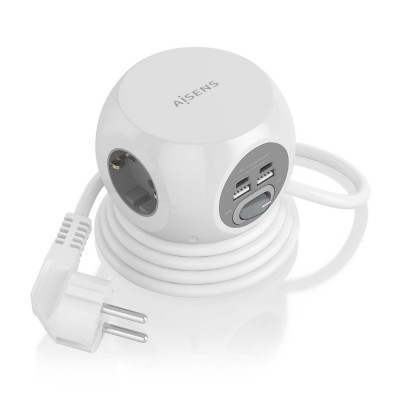 AISENS Regleta de Enchufes Sobremesa Multifuncion con 3 Tomas + 2xUSB-C, 2xUSB-A, 1.4M, Blanco