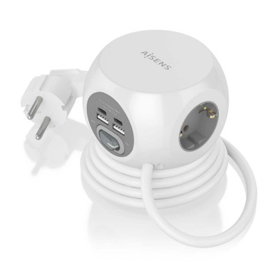 AISENS Regleta de Enchufes Sobremesa Multifuncion con 3 Tomas + 2xUSB-C, 2xUSB-A, 1.4M, Blanco