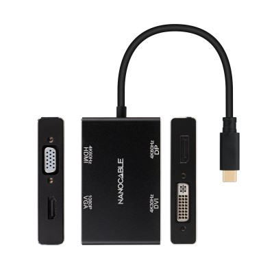 Nanocable Conversor USB-CM a HDMIH + DVIH + DPH + VGAH, Negro, 10 cm