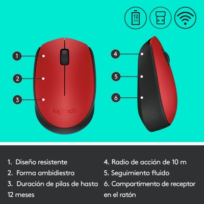 Logitech M171 Red-K ratón Ambidextro RF inalámbrico Óptico 1000 DPI