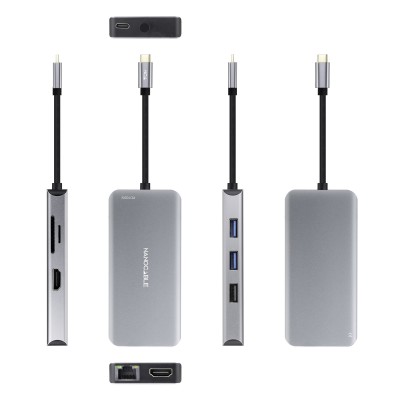 Nanocable HUB USB-C 9 en 1, Conversor USB-C a 3 x USB-A + 2 x HDMI + RJ45 + TF + SD + USB-C PD 100W, Aluminio, 15 cm, Gris