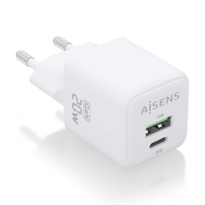 AISENS Cargador GaN 20W, 1xUSB-C PD3.0 QC4.0, 1xUSB-A QC3.0, Blanco