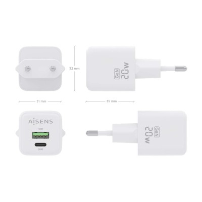 AISENS Cargador GaN 20W, 1xUSB-C PD3.0 QC4.0, 1xUSB-A QC3.0, Blanco