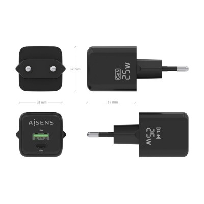 AISENS Cargador GaN 25W, 1xUSB-C PD3.0 QC4.0, 1xUSB-A QC3.0, Negro