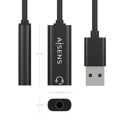 AISENS Conversor USB-A a Audio 48KHz, USB-AM-Jack 3.5H, Negro, 10 cm