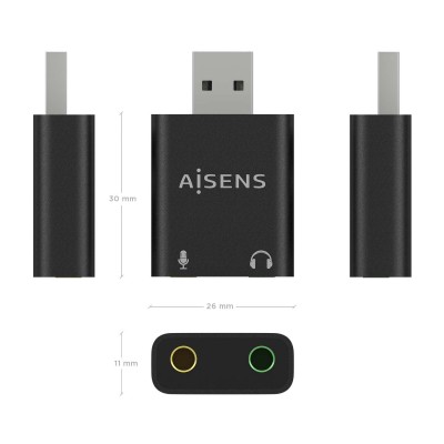AISENS Conversor USB-A a Audio 48KHz, USB-AM-2xJack 3.5H, Negro