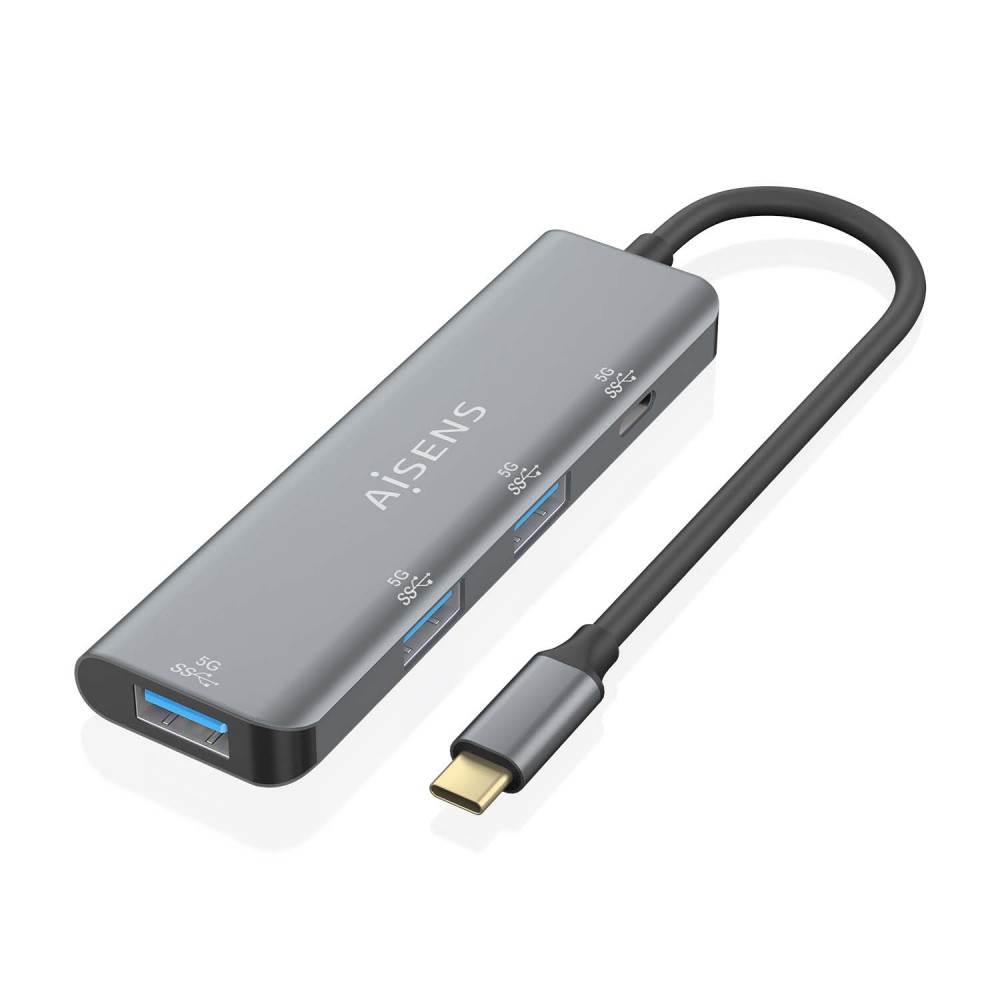 AISENS Hub USB 3.2 Gen1 5G USB-C, USB-CM-1xUSB-CH-3xUSB-AH, Gris, 15 cm