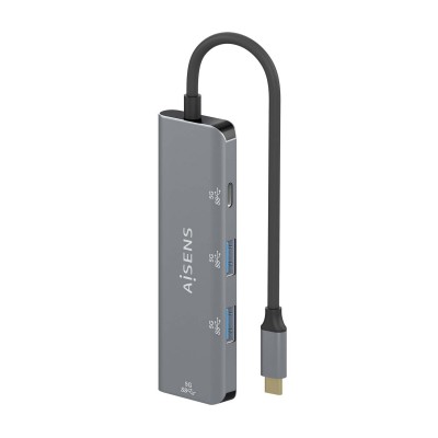 AISENS Hub USB 3.2 Gen1 5G USB-C, USB-CM-1xUSB-CH-3xUSB-AH, Gris, 15 cm