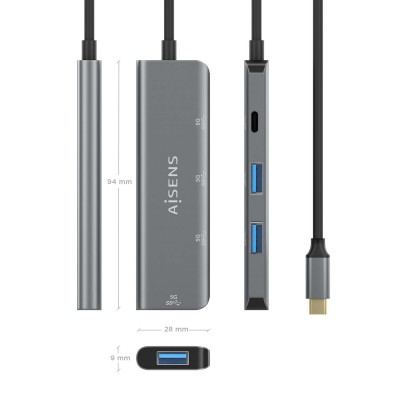 AISENS Hub USB 3.2 Gen1 5G USB-C, USB-CM-1xUSB-CH-3xUSB-AH, Gris, 15 cm