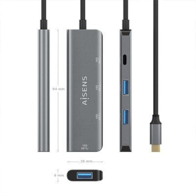 AISENS Hub USB 3.2 Gen2 10G USB-C, USB-CM-1xUSB-CH-3xUSB-AH, Gris, 15 cm