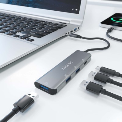AISENS Hub USB 3.2 Gen2 10G USB-C, USB-CM-1xUSB-CH-3xUSB-AH, Gris, 15 cm