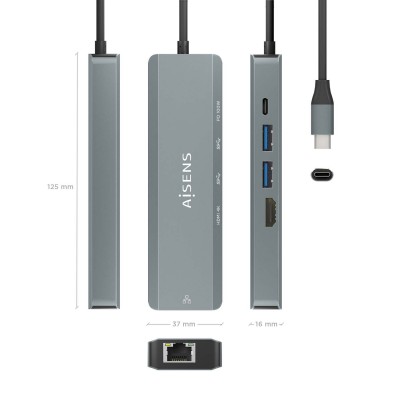 AISENS USB-C Dock 5 en 1, USB-C a 1xHDMI, 1xRJ45, 2xUSB, 1xPD, Gris, 15 cm