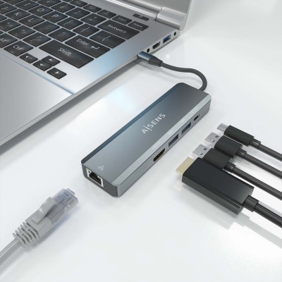 AISENS USB-C Dock 5 en 1, USB-C a 1xHDMI, 1xRJ45, 2xUSB, 1xPD, Gris, 15 cm