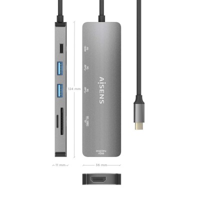 AISENS USB-C Dock 6 EN 1, USB-C a 1xHDMI, 2xUSB-A, 1xUSB-C PD 100W, 1xSD, 1xMicro SD, Gris, 15cm
