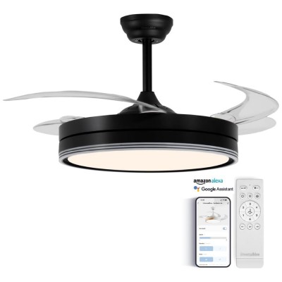 UNIVERSALBLUE Ventilador de Techo Negro con Luz LED. Ventilador WIFI Silencioso. Aspas Retráctiles. Control Móvil y Mando