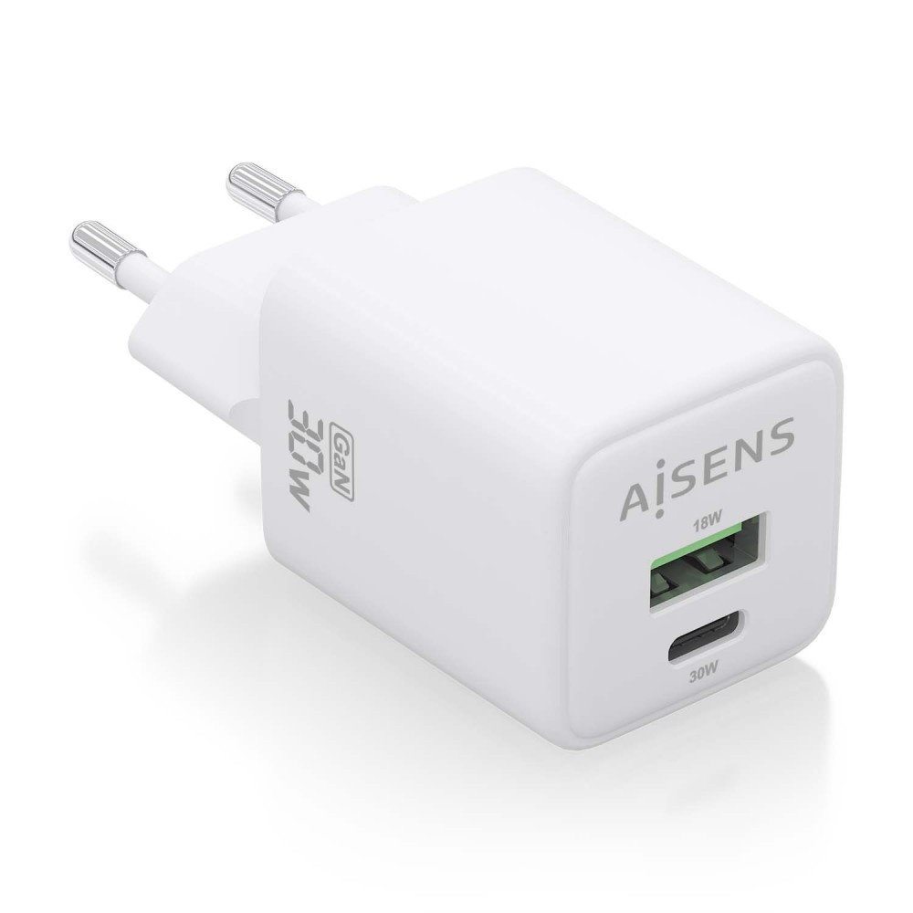 AISENS Cargador Gan 30W, 1xUSB-C PD3.0 QC4.0, 1xUSB-A QC3.0, Blanco