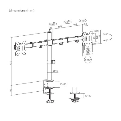 AISENS Soporte de mesa eco giratorio e inclinable para monitorTV 10kg (3 Pivotes, 2 Brazos) de 17-32, Negro